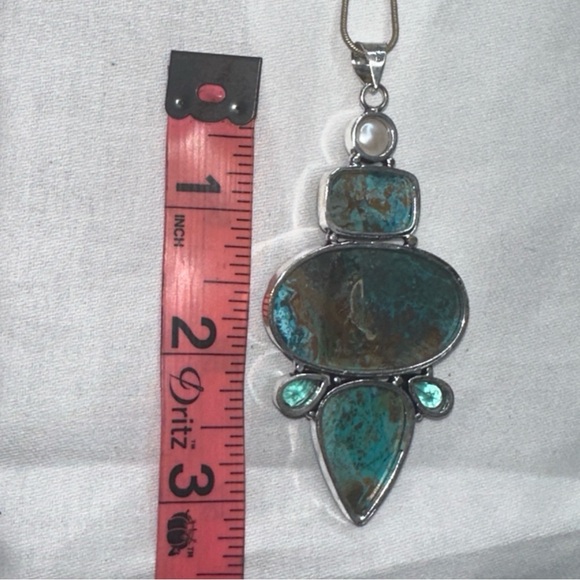 Chrysocolla + Biwa Pearl multi-gem statement   pendant - Picture 6 of 9